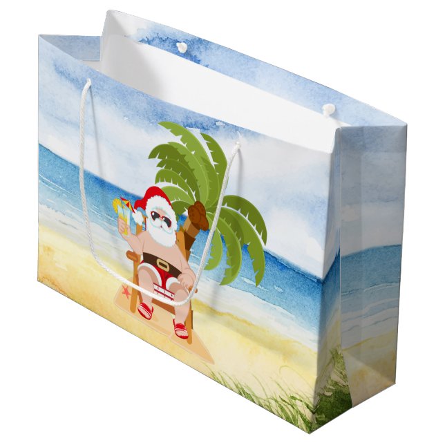 Weihnachtsstrand Santa Large Geschenktasche  Große Geschenktüte (Vorderseite Schrägansicht)