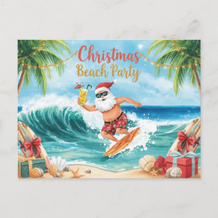 Weihnachtsstrandparty – Tropischer Santa beim Surf Einladungspostkarte