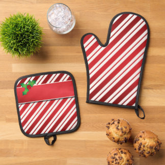 Weihnachtsstreifen mit Holly Ofenhandschuh & Topflappen-Set
