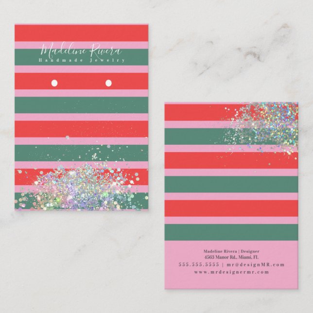 Weihnachtsstreifen Pink Earring Display Card Telefonnummerkarte (Vorne/Hinten)