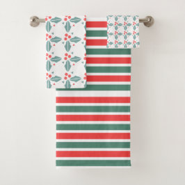Weihnachtsstreifen und Holly Berries Urlaub Badhandtuch Set