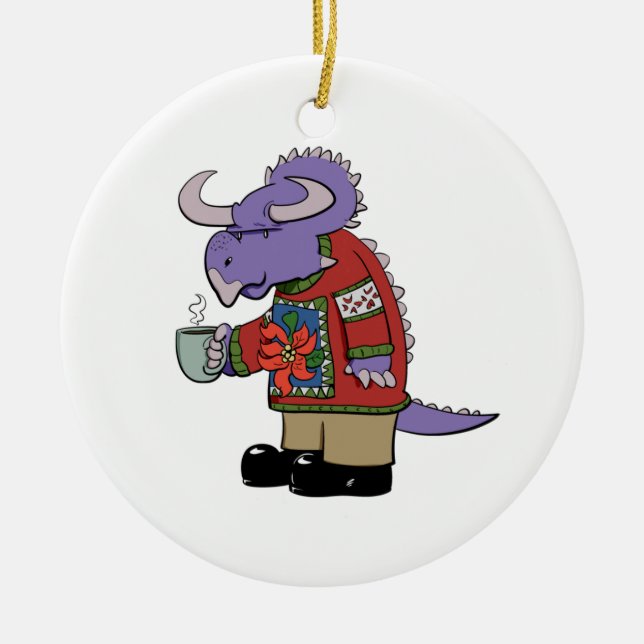 Weihnachtsstrickjacke-Dinosaurier-Verzierung Keramikornament (Vorne)