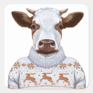 Weihnachtsstrickjacke-Kuh Quadratischer Aufkleber