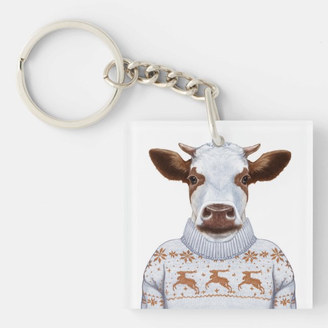Weihnachtsstrickjacke-Kuh Schlüsselanhänger (Vorderseite)