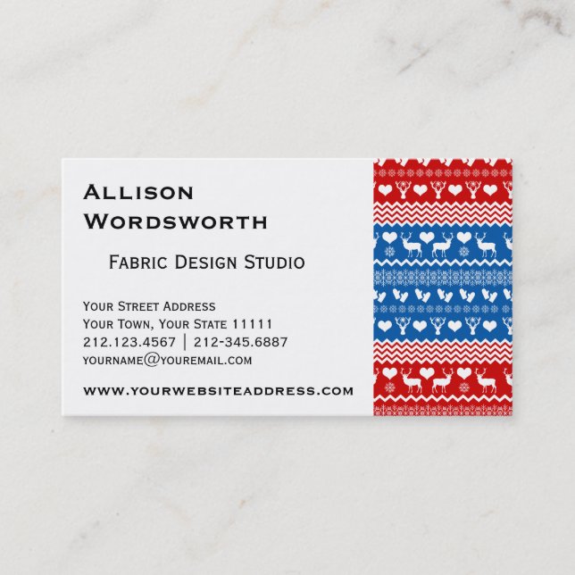 Weihnachtsstrickjacke-Ren, Schneeflocken und Visitenkarte (Vorderseite)