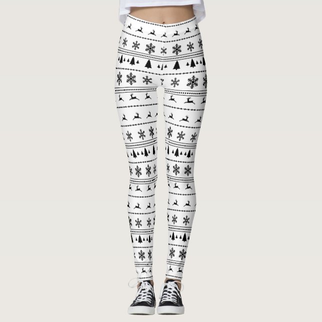 Weihnachtsstrickjackemuster, schwarz auf Weiß Leggings (Vorderseite)