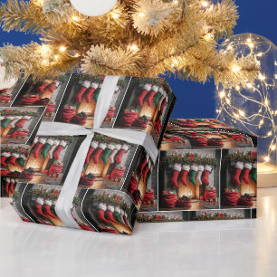 Weihnachtsstrümpfe am Kamin aufgehängt Geschenkpapier
