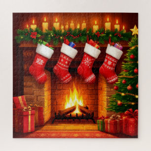 Weihnachtsstrümpfe hängen über dem warmen Kamin
