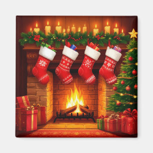 Weihnachtsstrümpfe hängen über dem warmen Kamin Magnet