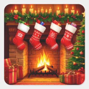 Weihnachtsstrümpfe hängen über dem warmen Kamin Quadratischer Aufkleber