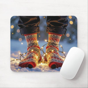 Weihnachtsstrümpfe und Festbeleuchtung im Schnee Mousepad