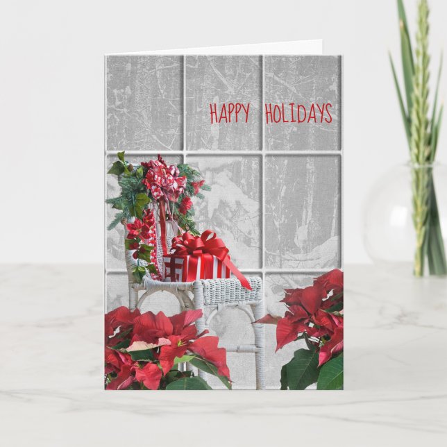 Weihnachtsstuhl mit Poinsettia im Fenster Karte (Vorderseite)