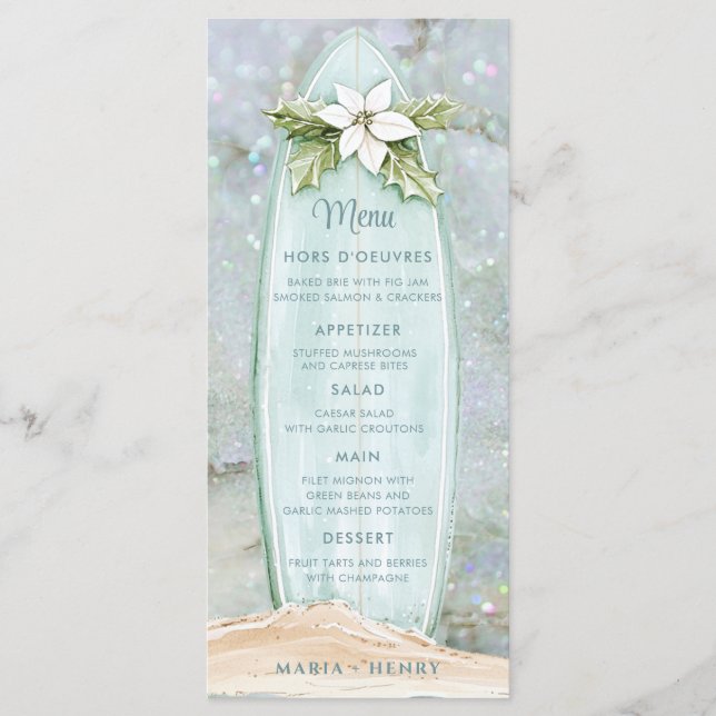Weihnachtssurfboard | Winter Beach Glitzer Menükarte (Vorderseite)
