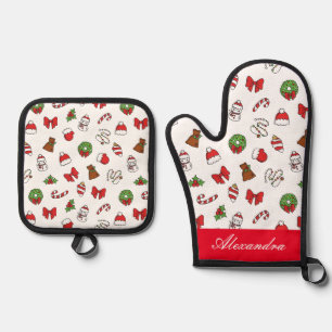 Weihnachtssymbole Muster Weihnachtsmannmütze Indiv Ofenhandschuh & Topflappen-Set