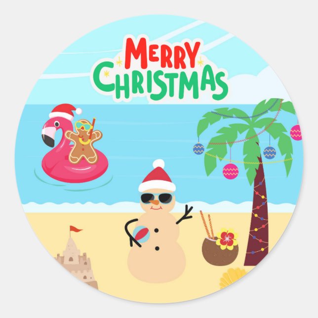 Weihnachtsszene am Strand Runder Aufkleber (Vorderseite)
