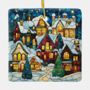 Weihnachtsszene aus verklebtem Glas Keramikornament
