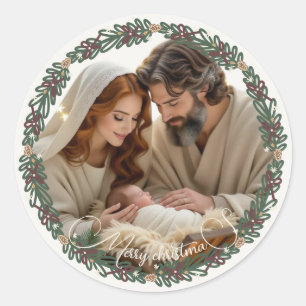 Weihnachtsszene Baby Jesus in der Krippe Ihr Foto Runder Aufkleber
