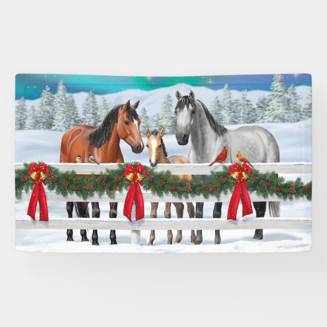 Weihnachtsszene Buckskin Dappgraue Pferde Banner (Horizontal)