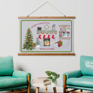 Weihnachtsszene Feuerplatz Geschenke Foto Collage Wandteppich Mit Holzrahmen