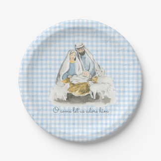 Weihnachtsszene, Krippe, Gingham Blau Pappteller