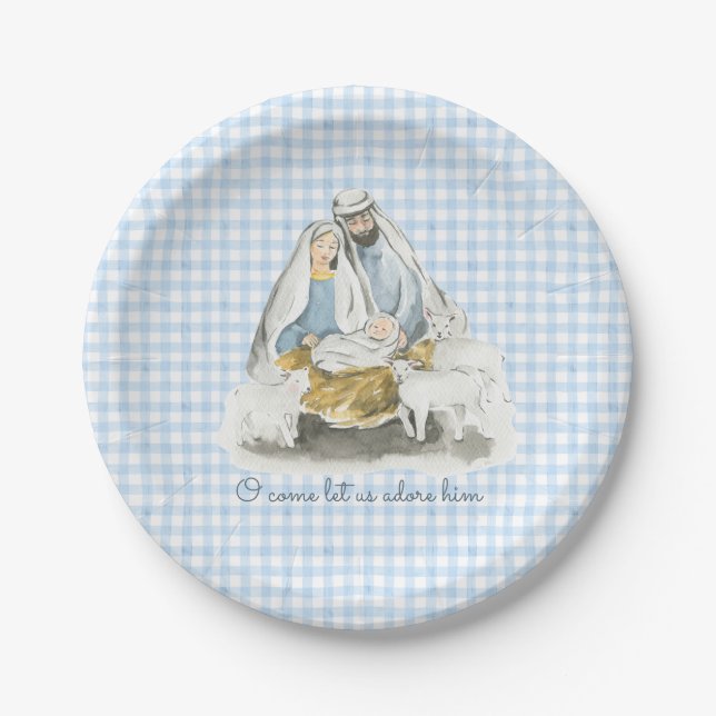 Weihnachtsszene, Krippe, Gingham Blau Pappteller (Vorderseite)