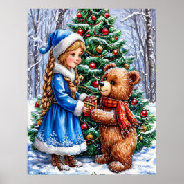 Weihnachtsszene mit Mädchen und Teddy Bären Poster