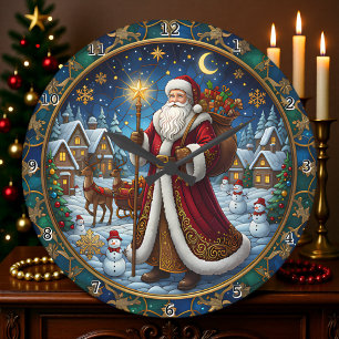 Weihnachtsszene mit Santa Claus im Bleiglasstil Große Wanduhr