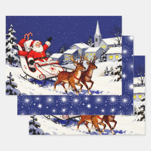 Weihnachtsszene mit winkendem Santa und Rentieren  Geschenkpapier Set