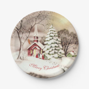 Weihnachtstag Vintage Victorian Landkirche Pappteller