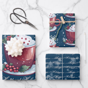 Weihnachtstasse heiße Schokolade Blau Geschenkpapier Set