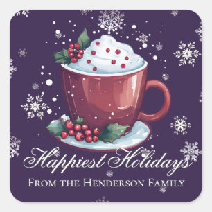 Weihnachtstasse heiße Schokolade Violett Quadratischer Aufkleber