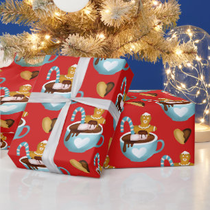 Weihnachtstassen mit heißer Schokolade und Keksen Geschenkpapier