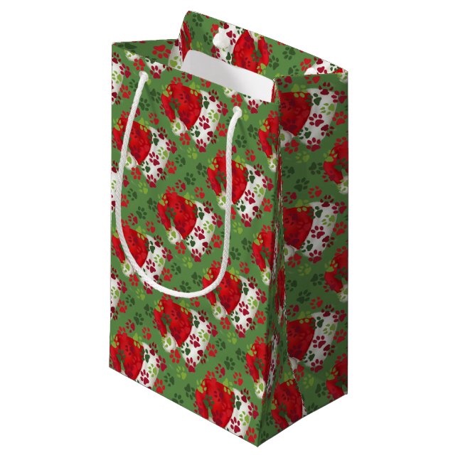Weihnachtstatzen-Drucke mit Weihnachtsmannmütze Kleine Geschenktüte (Vorderseite Schrägansicht)