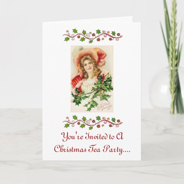 Weihnachtstee-Party Einladung. Vintager Entwurf Einladung (Vorderseite)