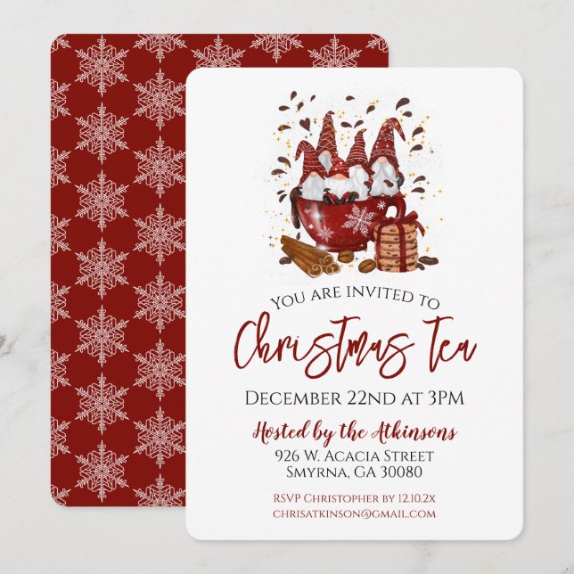 Weihnachtstee Rote Gnome Party Einladung (Vorne/Hinten)