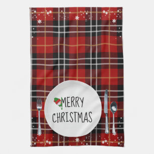 Weihnachtsteller auf Tartan-Karo-Küchenhandtuch Geschirrtuch