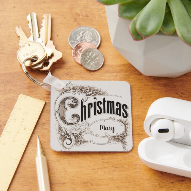 Weihnachtstext mit Verzierter Grenze Schlüsselanhänger (Schreibtisch)