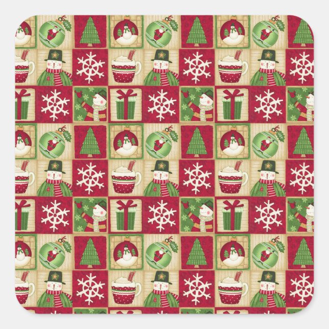 Weihnachtsthema Snowman Snowflakes Red Green Gold Quadratischer Aufkleber (Vorderseite)