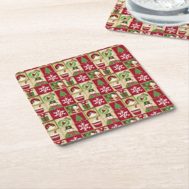 Weihnachtsthema Snowman Snowflakes Red Green Gold Rechteckiger Pappuntersetzer (angewinkelt)