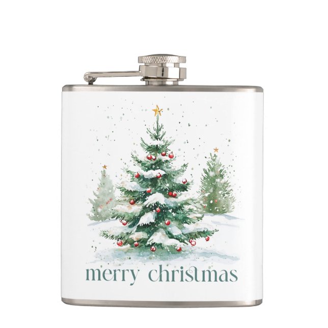 Weihnachtsthema Snowy Tree Retro Typografie Flachmann (Vorderseite)