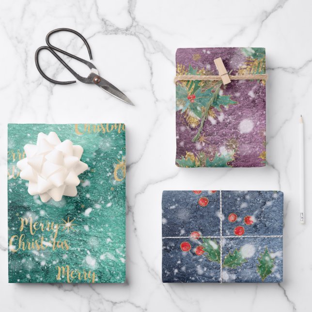 Weihnachtsthema Wasserfarbe Geschenkpapier Set (Vorderseite)