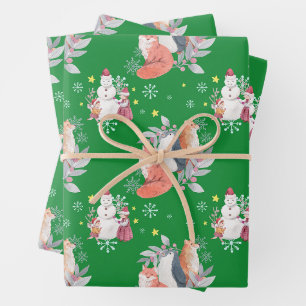 Weihnachtstiere, Kinder und Snowman Green Geschenkpapier Set