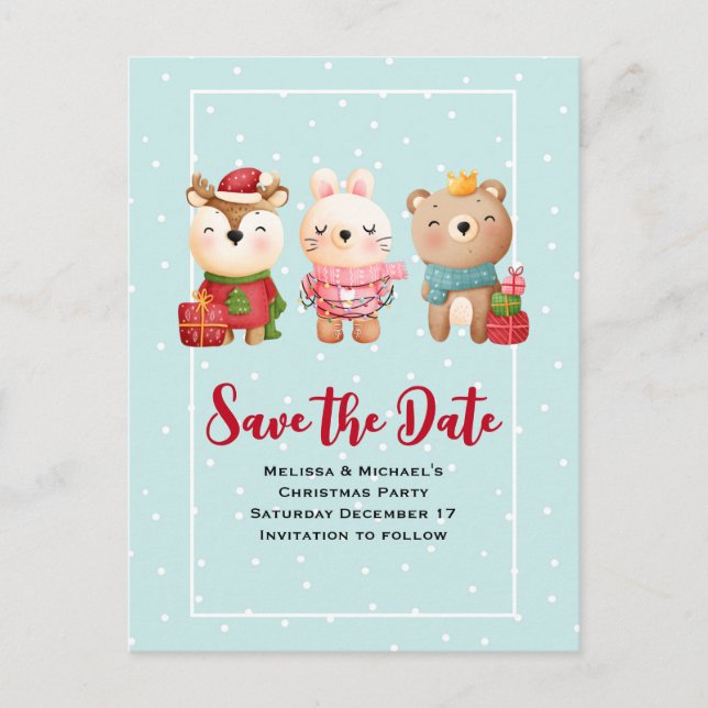 Weihnachtstiere Save the Date im Festgepäck Einladungspostkarte (Vorderseite)