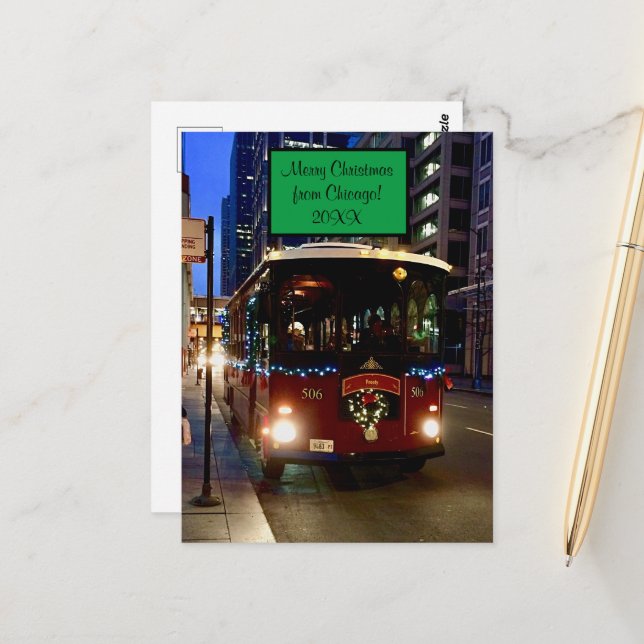 Weihnachtstrolley in Chicago Postcard Postkarte (Vorderseite/Rückseite Beispiel)