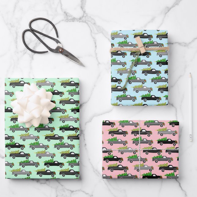 Weihnachtstrucks Xmas Bäume Wreath Pastel Sorte Geschenkpapier Set (Vorderseite)