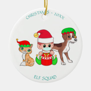 Weihnachtstrupp, Baby-Elf, Katze & Hund Keramik Ornament