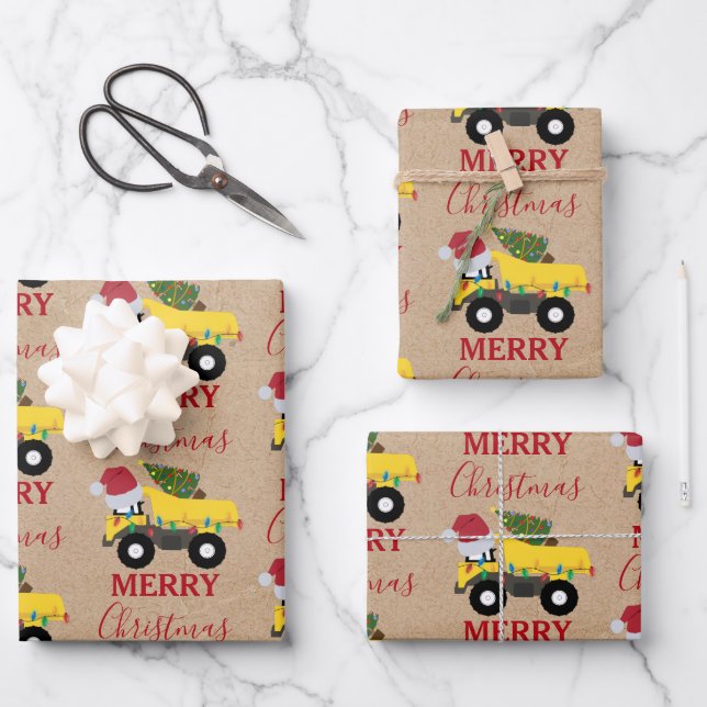 Weihnachtstumpf LKW-Baumaschinen Geschenkpapier Set (Vorderseite)