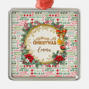 Weihnachtstypografie Rot & Grün Nahtloses Muster Ornament Aus Metall