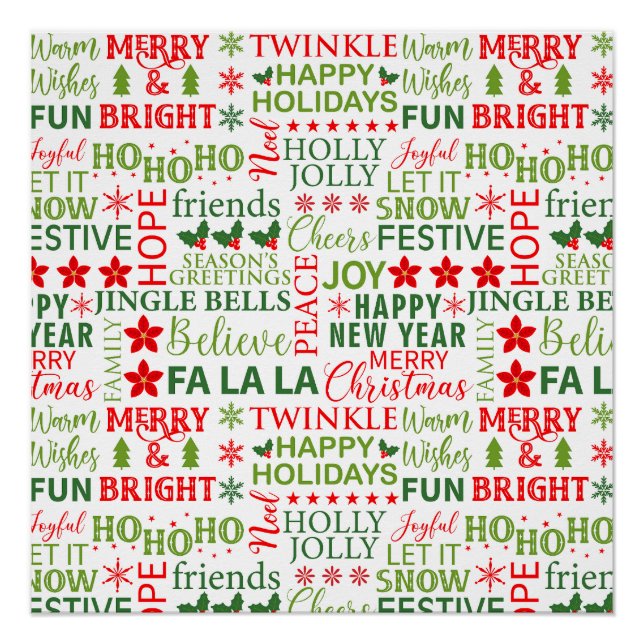 Weihnachtstypografie Rot & Grün Nahtloses Muster Poster (Vorderseite)