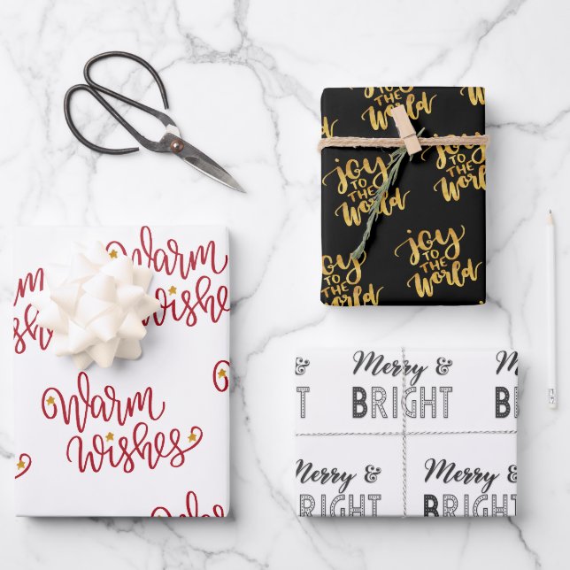 Weihnachtstypografie Schwarz-Gold-Weiß Geschenkpapier Set (Vorderseite)